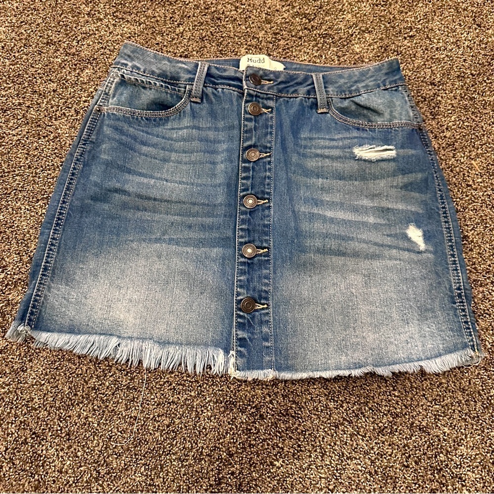 Mudd Button-Front Distressed Denim Skirt Raw Hem Blue Jean Stretch Size 9 Womens